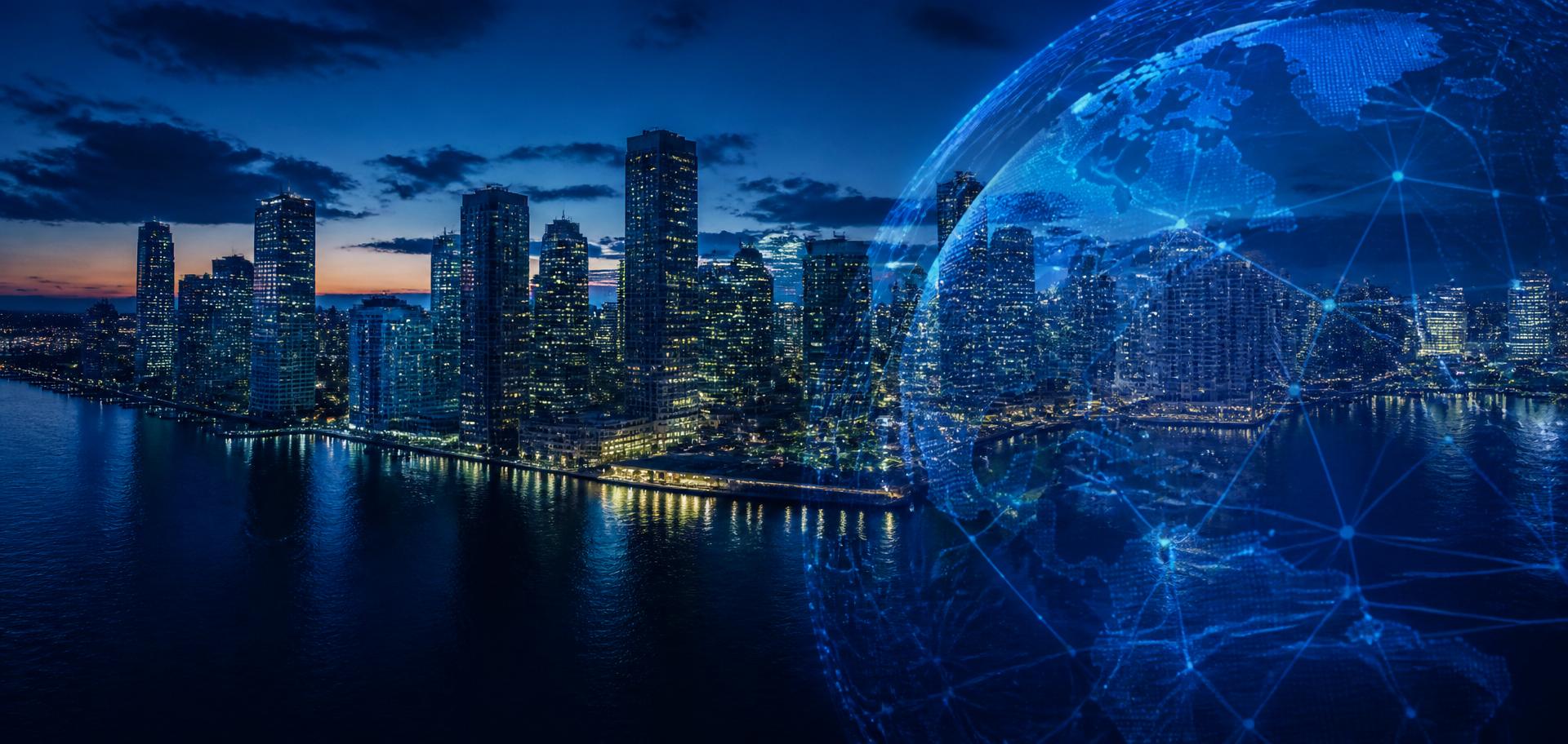 Brickell skyline at dusk with a global network overlay